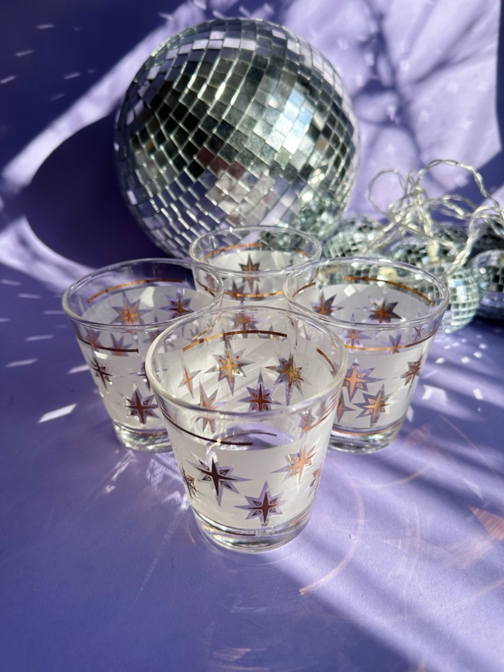 Vintage MCM Dominion Atomic Starburst Short Tumblers Glasses Frosted Gold - Picture 2 of 5